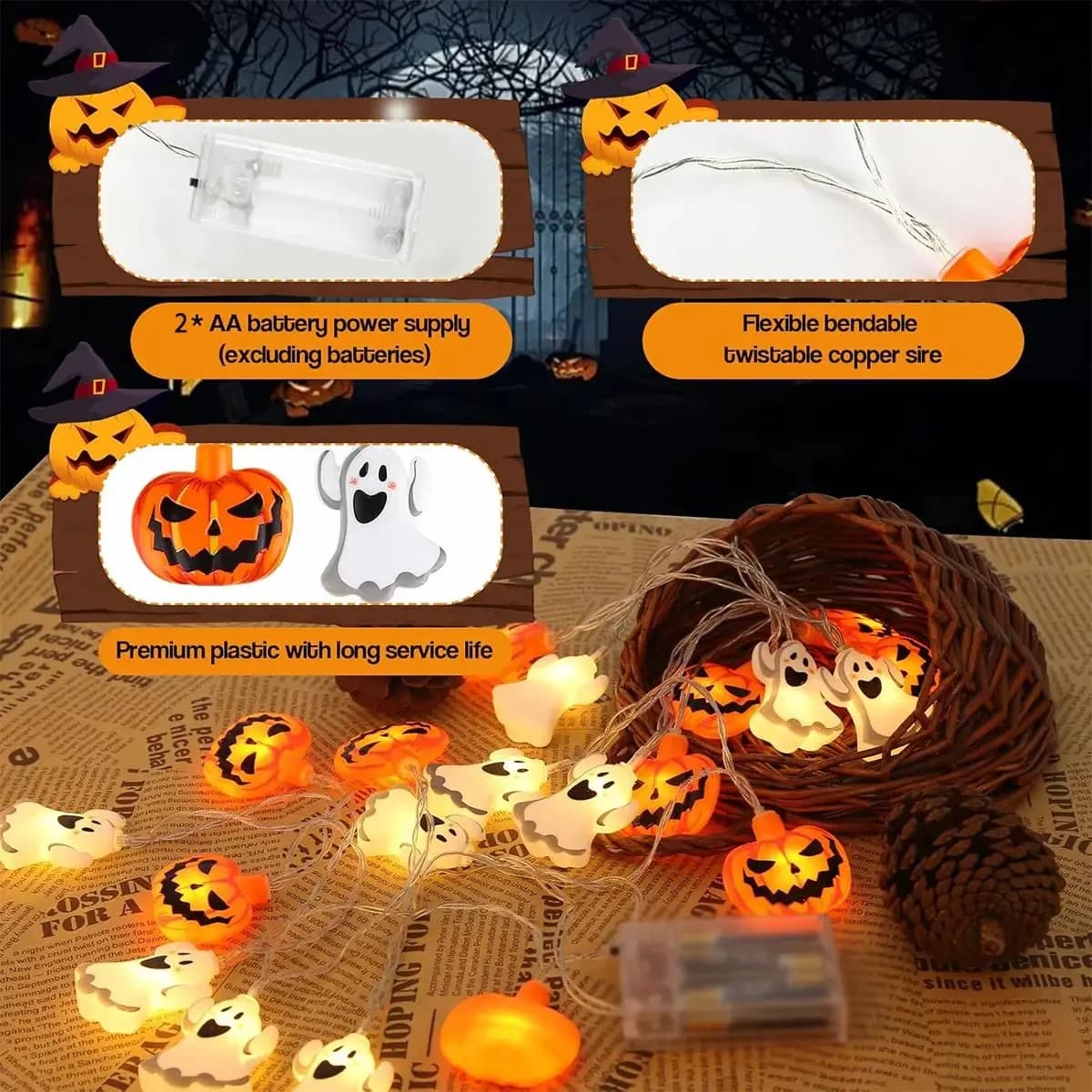 Akutoitega kummituste ja kõrvitsate Halloweeni LED stringvalgused