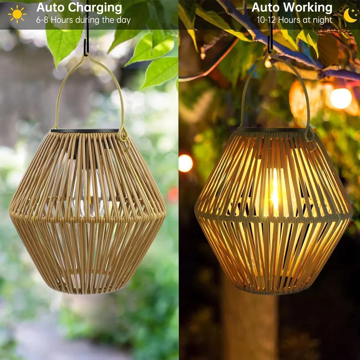 Käsitöö rattan päikesetoitega rippuv latern