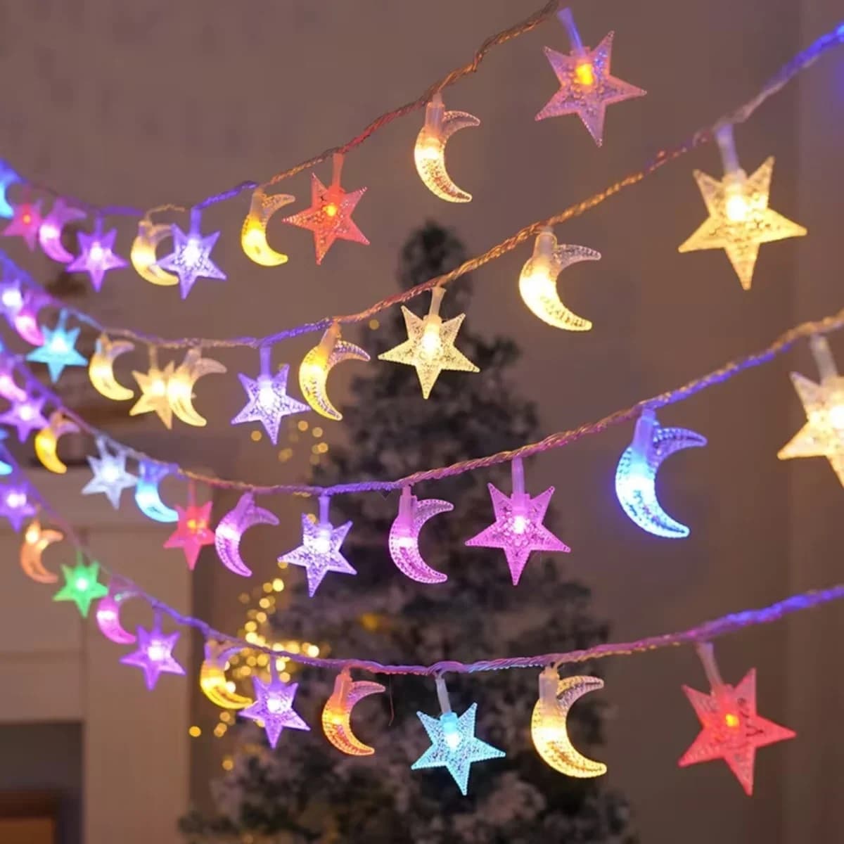 Päikesepaneeliga tähtede ja kuude valgusketid soevalge multicolor