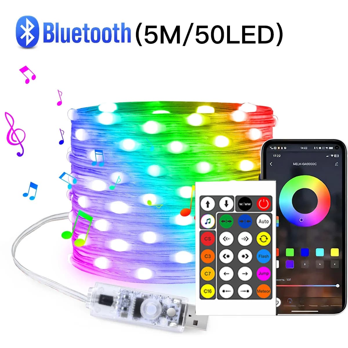 USB Bluetooth juhtmevaba värviline LED hõbevalguskett